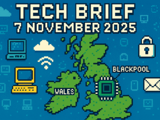 Tech Brief 7 November 2025 illustrated with an 8-bit pixel art map of Britain, highlighting tech innovations in Wales and Blackpool, and features the date in pixelated text.