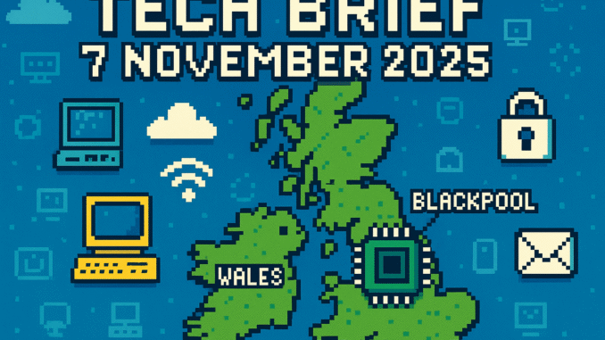 Tech Brief 7 November 2025 illustrated with an 8-bit pixel art map of Britain, highlighting tech innovations in Wales and Blackpool, and features the date in pixelated text.