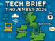 Tech Brief 7 November 2025 illustrated with an 8-bit pixel art map of Britain, highlighting tech innovations in Wales and Blackpool, and features the date in pixelated text.