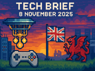 Tech Brief 8 November 2025 featuring an 8-bit representation of a quantum computing lab, a game controller, a Welsh dragon, and a British flag, symbolising UK's tech narrative.