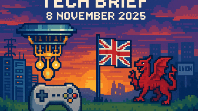 Tech Brief 8 November 2025 featuring an 8-bit representation of a quantum computing lab, a game controller, a Welsh dragon, and a British flag, symbolising UK's tech narrative.
