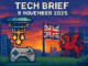 Tech Brief 8 November 2025 featuring an 8-bit representation of a quantum computing lab, a game controller, a Welsh dragon, and a British flag, symbolising UK's tech narrative.