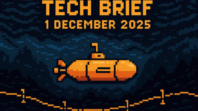 Tech Brief 1 December 2025 features an 8-bit pixel art of a submarine drone navigating through virtual water with underwater cables and digital terrain in the background.