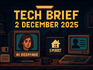 Tech Brief 2 December 2025 portrayed in a pixel art style featuring a digital landscape with elements like AI deepfakes and smart technology, accentuated by a retro office setup with vintage computers and technology.
