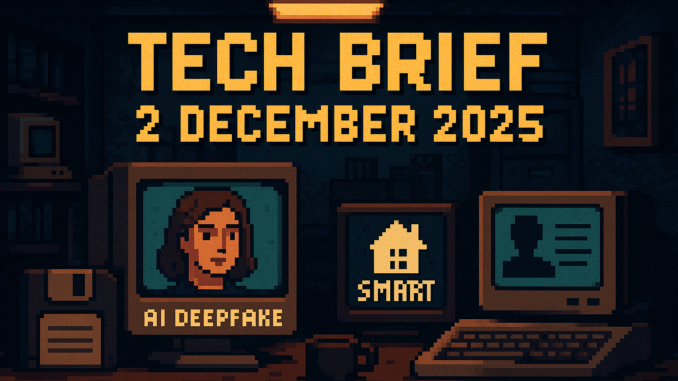 Tech Brief 2 December 2025 portrayed in a pixel art style featuring a digital landscape with elements like AI deepfakes and smart technology, accentuated by a retro office setup with vintage computers and technology.