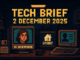 Tech Brief 2 December 2025 portrayed in a pixel art style featuring a digital landscape with elements like AI deepfakes and smart technology, accentuated by a retro office setup with vintage computers and technology.