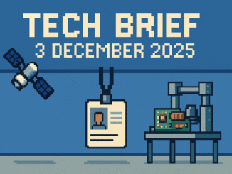 Tech Brief 3 December 2025 features an 8-bit pixel art depiction of a space satellite, a digital ID card, and hardware tools against a stylised tech expo backdrop, encapsulating the day's key tech themes.