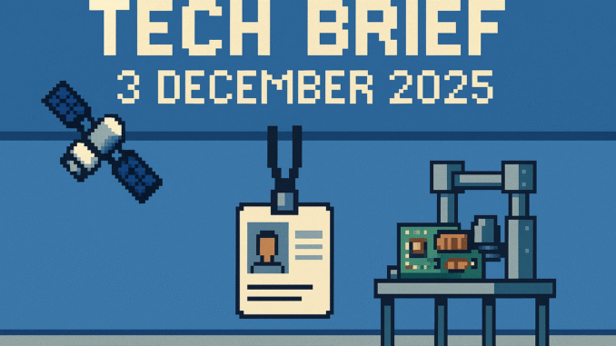 Tech Brief 3 December 2025 features an 8-bit pixel art depiction of a space satellite, a digital ID card, and hardware tools against a stylised tech expo backdrop, encapsulating the day's key tech themes.