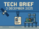 Tech Brief 3 December 2025 features an 8-bit pixel art depiction of a space satellite, a digital ID card, and hardware tools against a stylised tech expo backdrop, encapsulating the day's key tech themes.